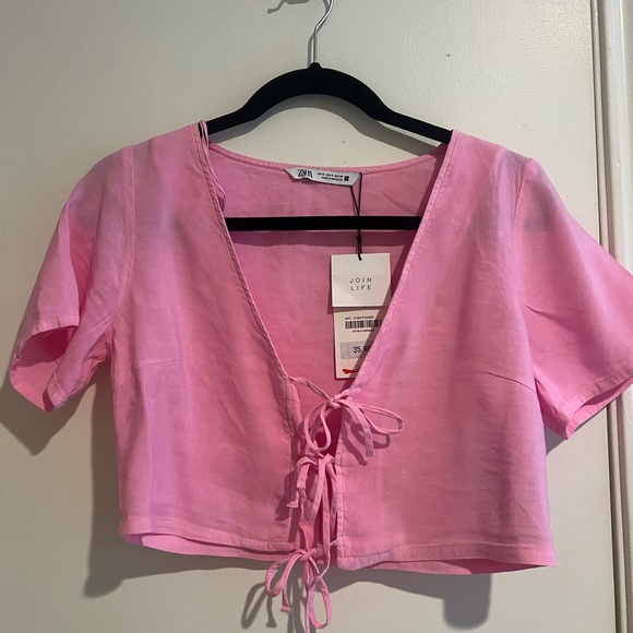 Zara Cropped Pink Top with Ties - Picture 1 of 6